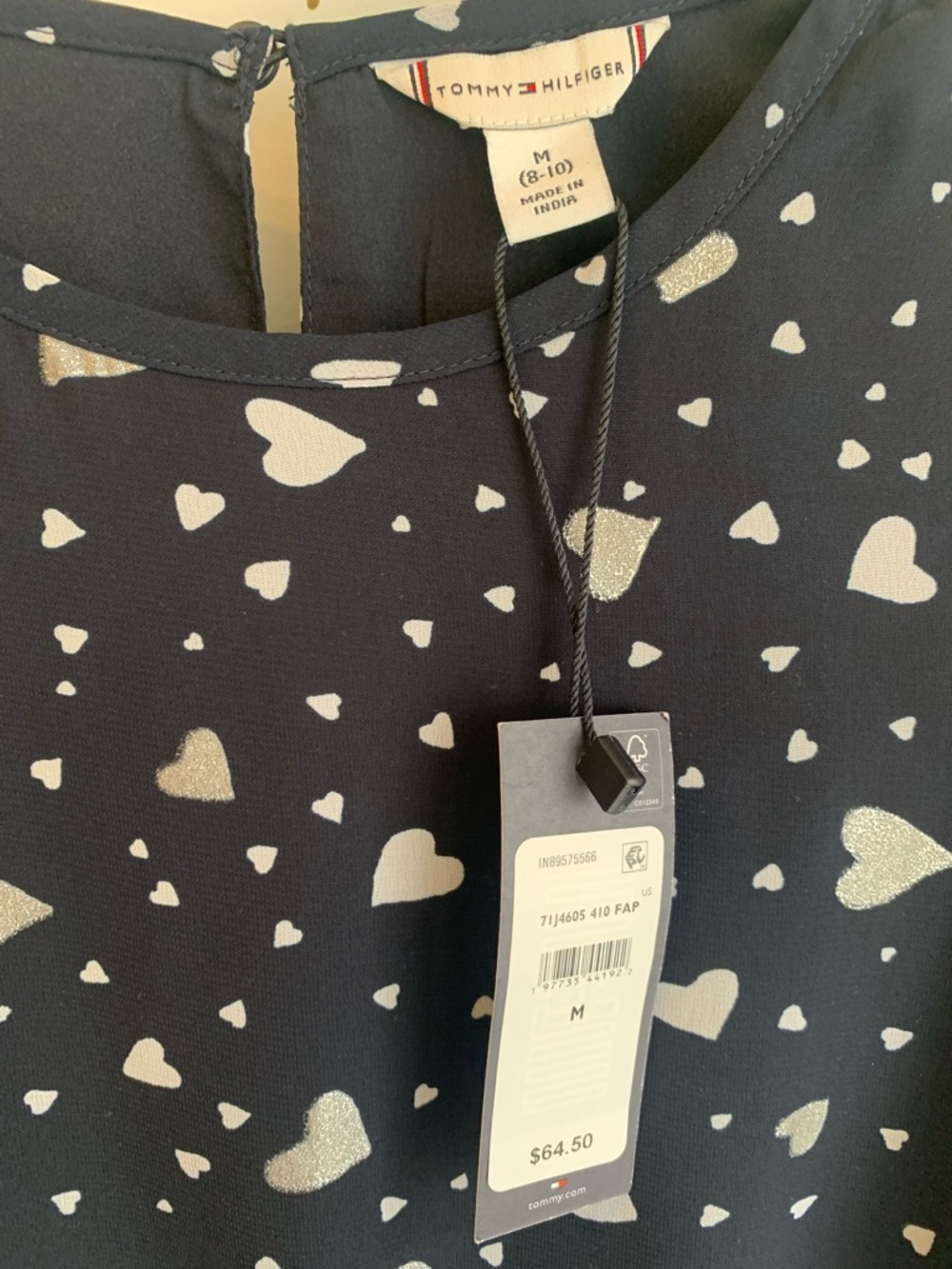 Tommy Hilfiger Heart Print Dress Navy Smocked Waist NWT Size M - Picture 3 of 4